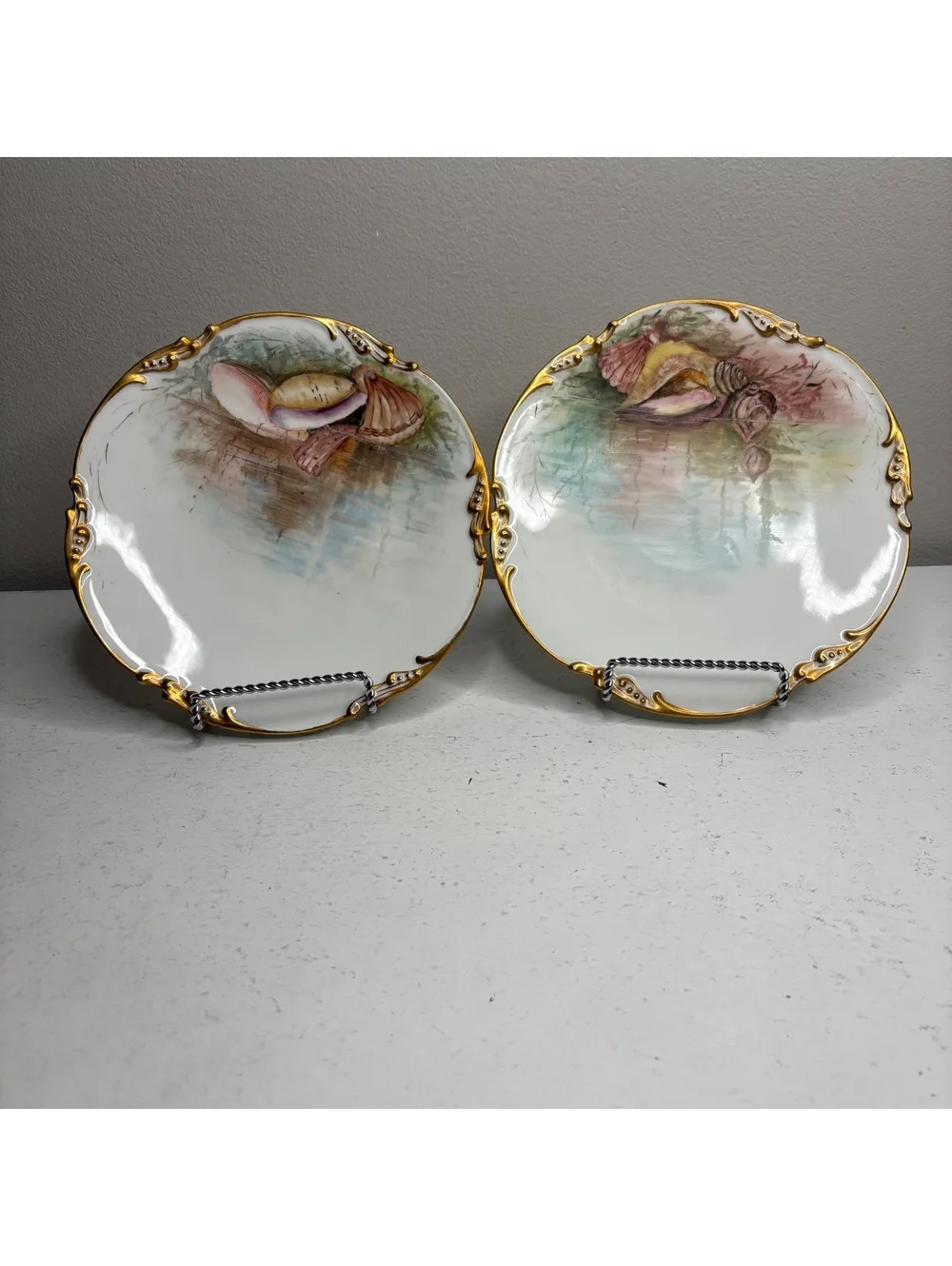 Antique JPL Pouyat Limoges Hand Painted Oysters Plates Signed by Artist set of 2